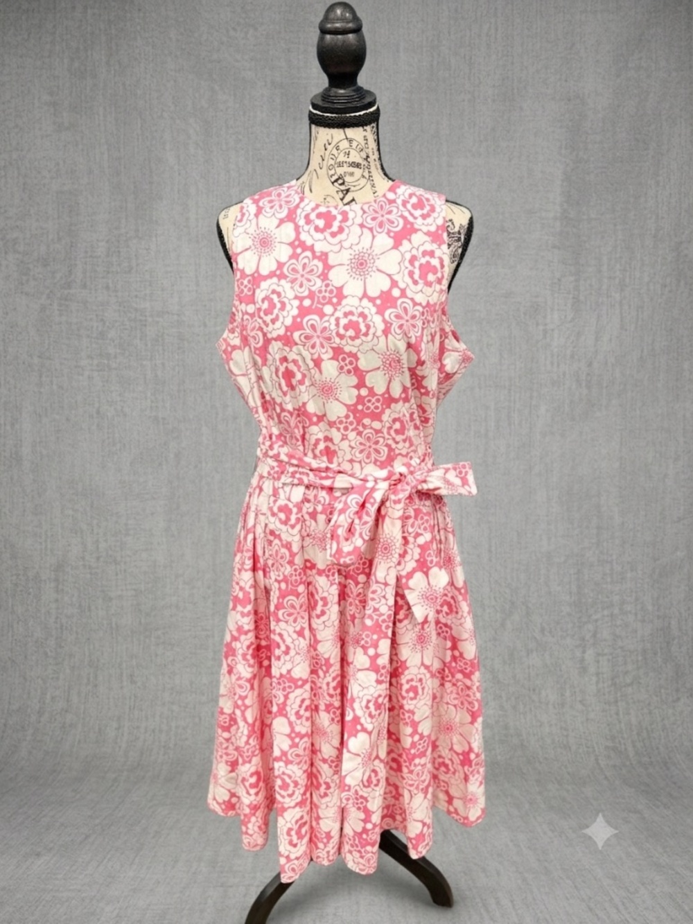 Caroline Long Ltd Pink White Retro Floral Midi Dress Pleated Belted A-Line 14